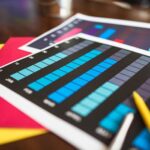 Close-up of colorful financial charts and a pencil on a wooden desk.
