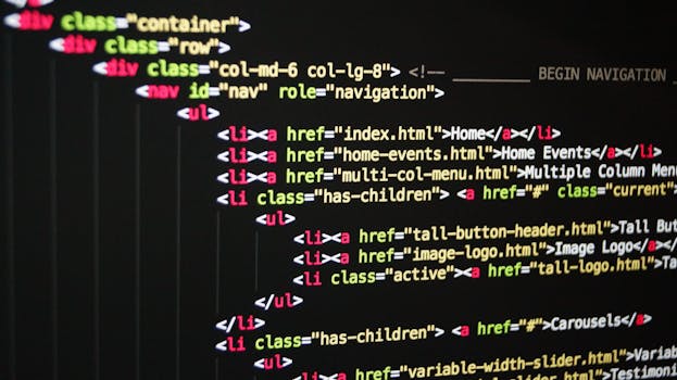 Close-up of vibrant HTML code displayed on a computer screen, showcasing web development and programming.