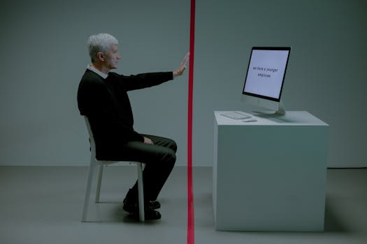 Senior man facing age discrimination in workplace, seated opposite a computer.