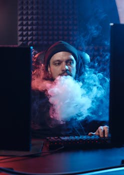 A man sits at a desk, vaping, while focused on computer screens in a dimly lit room.