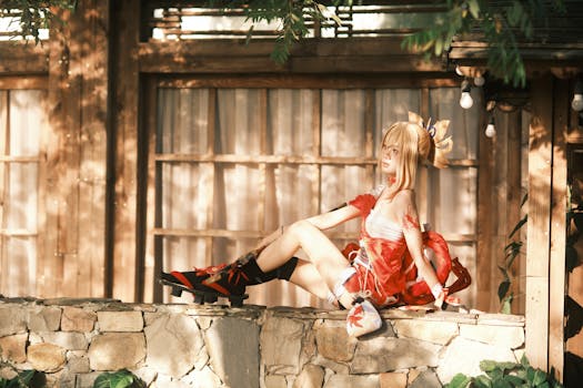 A woman in detailed cosplay attire sits elegantly outdoors in warm sunlight.