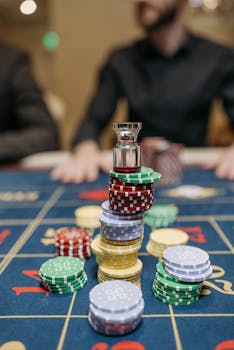 Close-up of colorful casino chips stacked on a roulette table in a casino setting.
