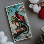 Festive Christmas card featuring a dragon, surrounded by holiday decorations.