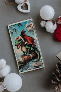Festive Christmas card featuring a dragon, surrounded by holiday decorations.