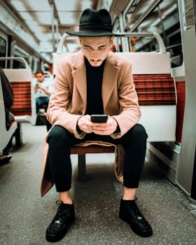 Full body of stylish concentrated young male in trendy hat and coat sitting on passenger seat in train and messaging on mobile phone