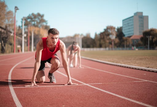 Male athlete in starting position on outdoor track with blurred background.