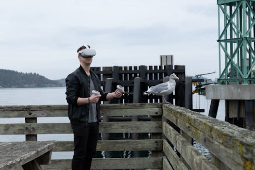 Person using VR headset on a wooden dock by the ocean, with a seagull nearby.