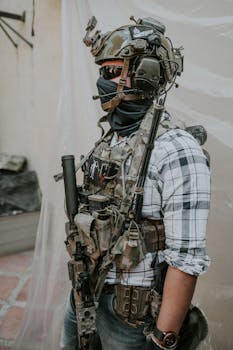 Side view of a soldier in tactical gear with urban camouflage, ready for action.